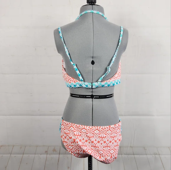 Cabana Life Preppy Beach UPF 50+ Coastal Bikini Set Swim Coral & Turquoise L - Picture 3 of 16